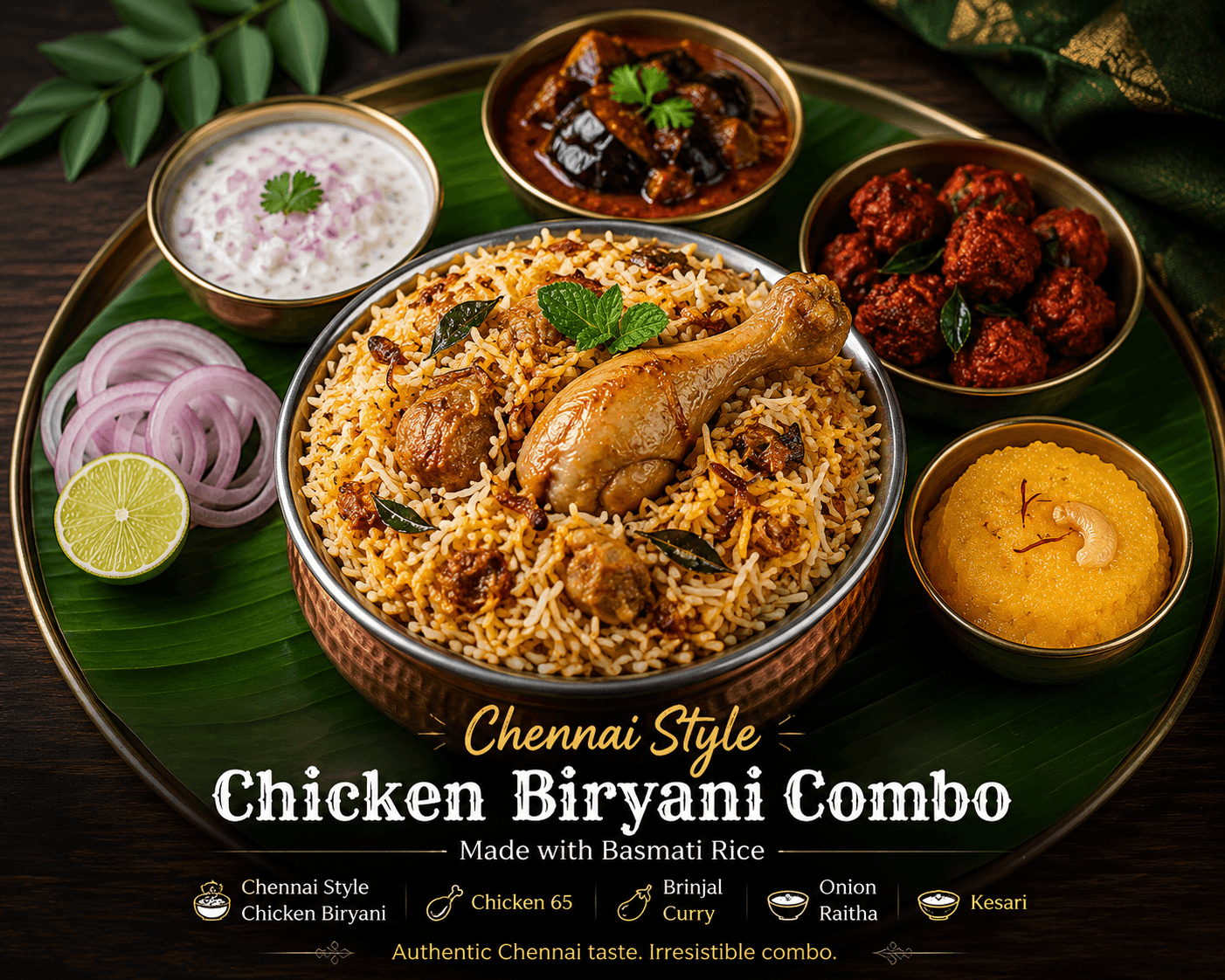 Chennai chicken biryani in a copper handi with Chicken 65, brinjal curry, onion raitha and kesari, served on a banana leaf